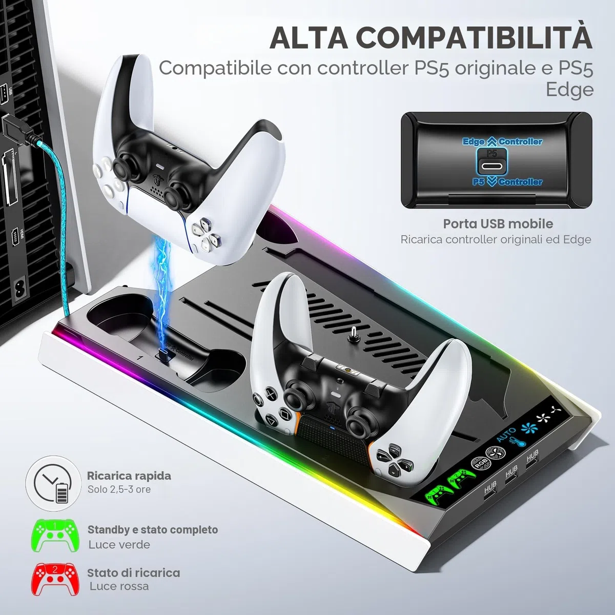 Supporto PS5 Slim Pro Console Disco Digitale Base Raffreddamento Ricarica Illuminazione RGB Caricatore Controller Ventola 3 Livelli Accessori