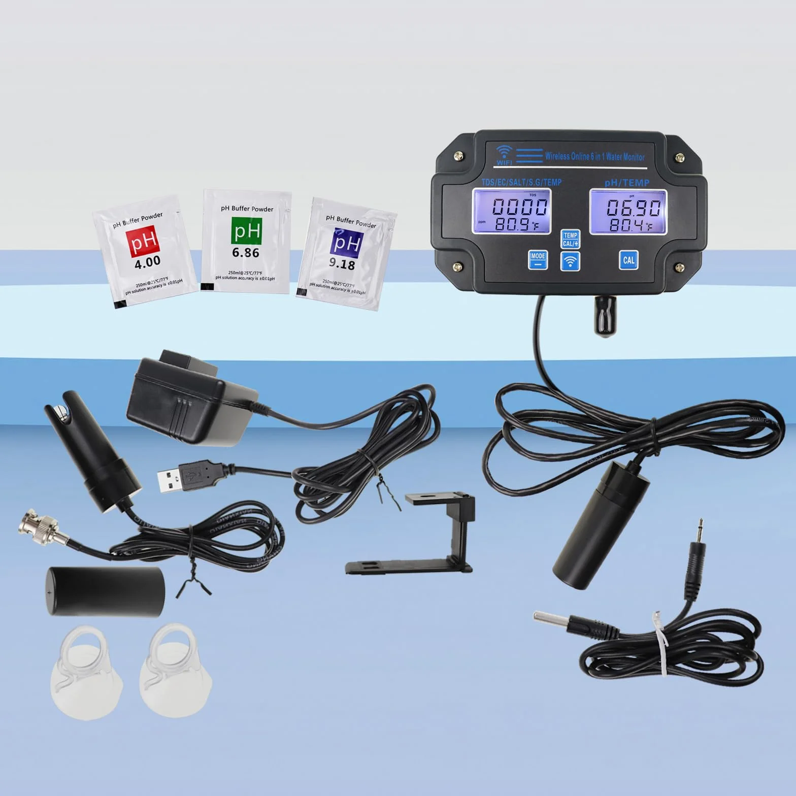Monitor EC pH per Idroponica, Tester della Qualità dell’Acqua 6-in-1 con Wi-Fi, Misuratore di pH, Monitoraggio Continuo di pH, PPM, EC, CF, Umidità e Temp per Sistemi di Coltivazione Indoor DWC