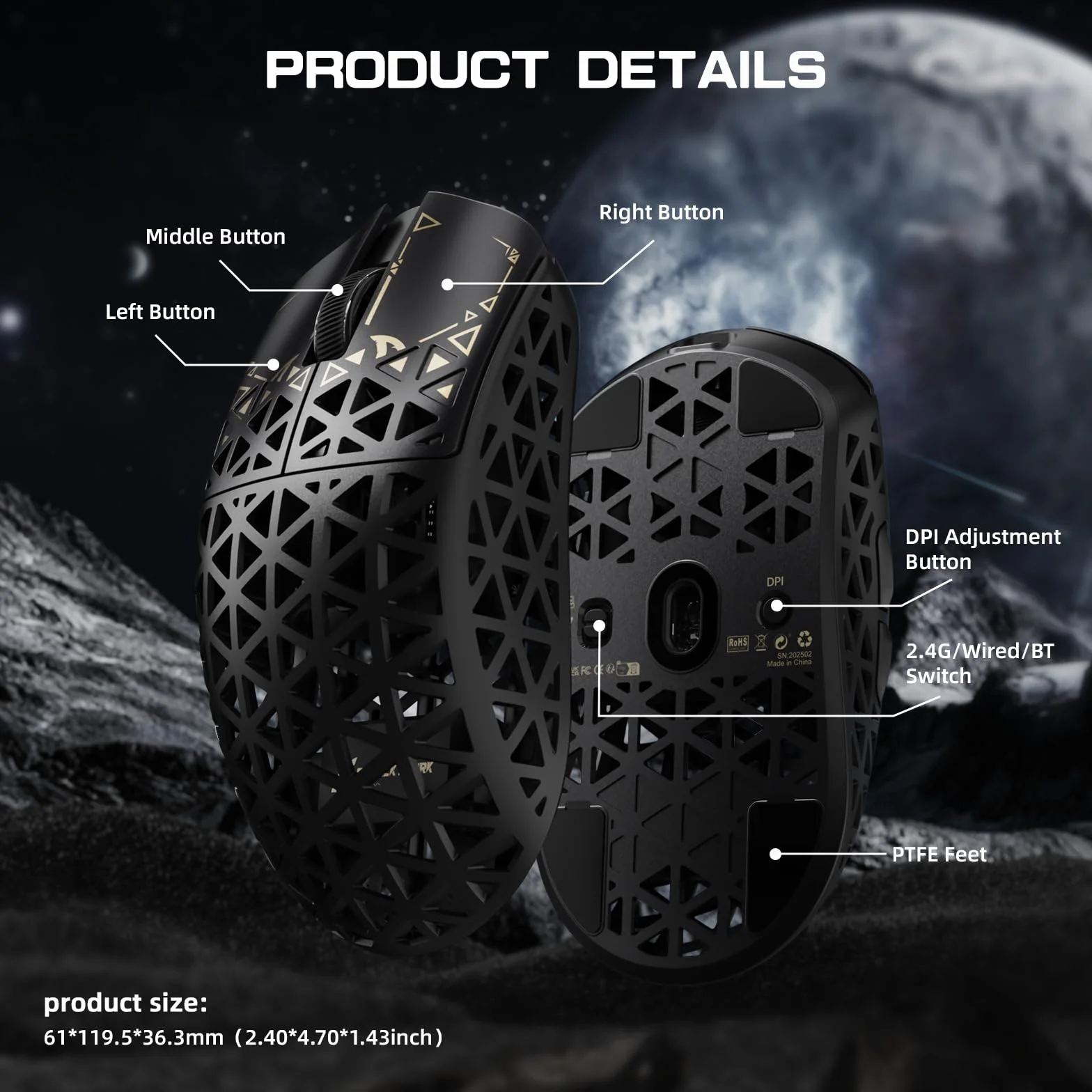 ATTACK SHARK R5 Ultra Mouse da Gioco Wireless HyperSpeed Fibra Carbonio, Mouse Ultraleggero 39g, 2,4G/BT/USB-C Cablato, Sensore PAW3950MAX, Frequenza Polling Wireless 8KHz, 42KDPI, Win/Mac -Nero