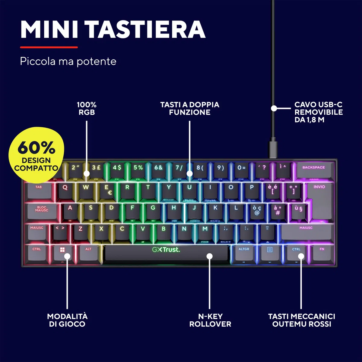 Acira Tastiera Meccanica 60% Layout Italiano QWERTY Retroilluminata RGB Gaming Programmabile USB Nero