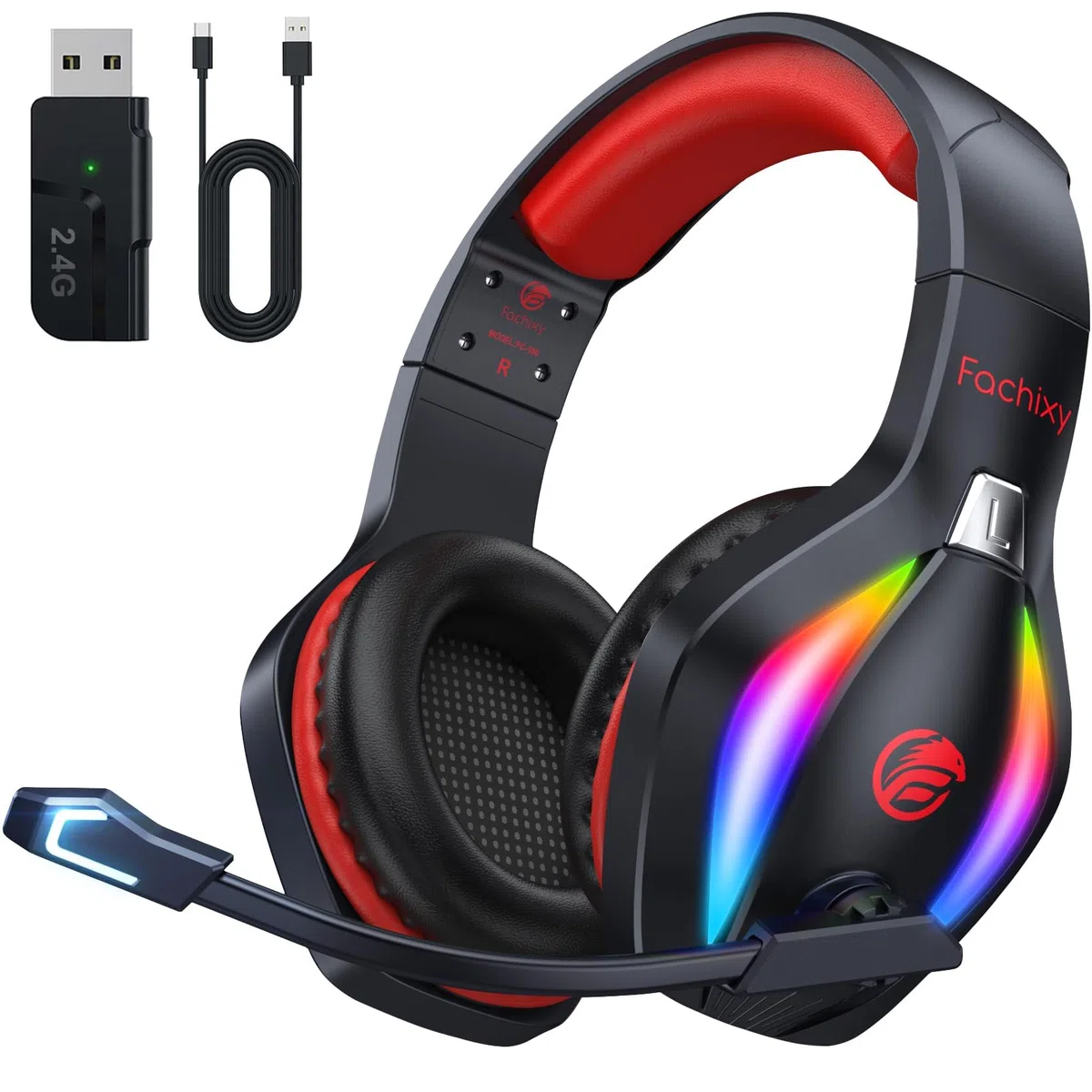 Cuffie da gioco senza fili Fachixy FC100 2.4GHz Bluetooth microfono suono stereo 3D 50 ore batteria nero-rosso