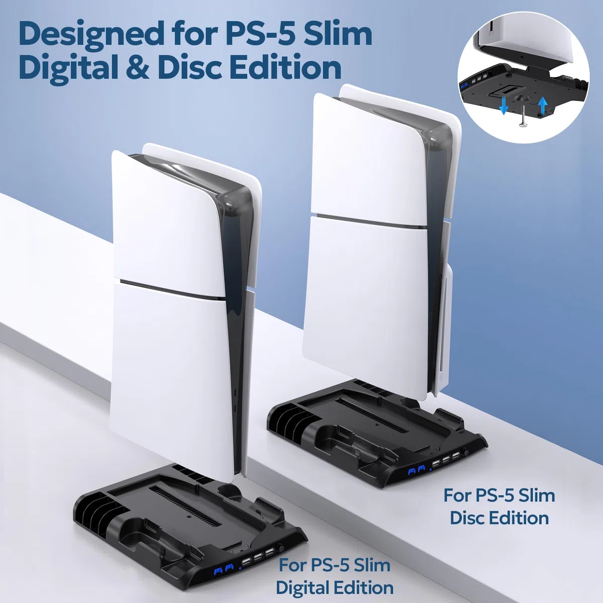 innoAura Supporto di raffreddamento sottile con 2 ventole di raffreddamento e stazione di ricarica per PS-5 Slim Disc e Digital Edition, stazione di raffreddamento PS-5 Slim con 3 porte USB