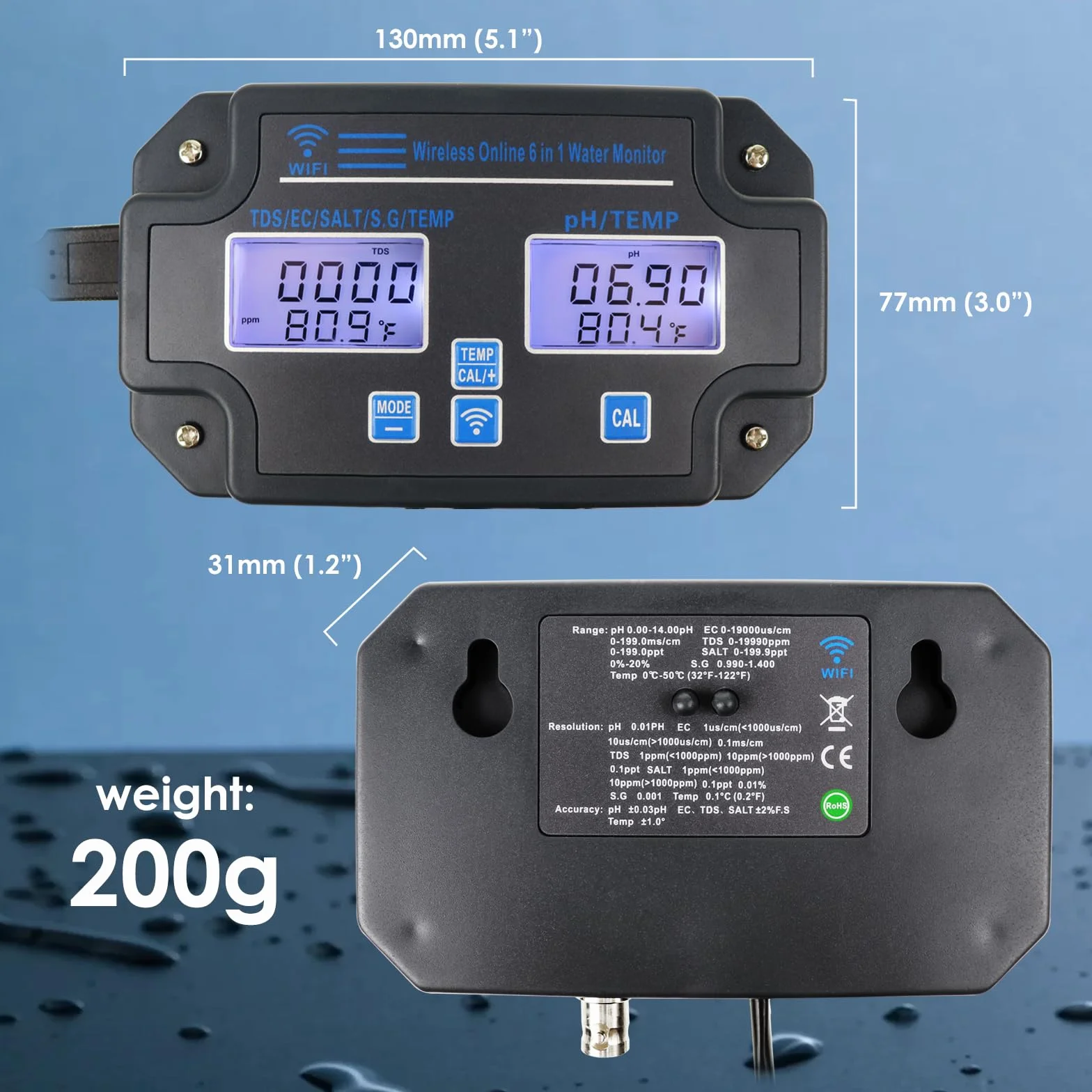 Monitor EC pH per Idroponica, Tester della Qualità dell’Acqua 6-in-1 con Wi-Fi, Misuratore di pH, Monitoraggio Continuo di pH, PPM, EC, CF, Umidità e Temp per Sistemi di Coltivazione Indoor DWC