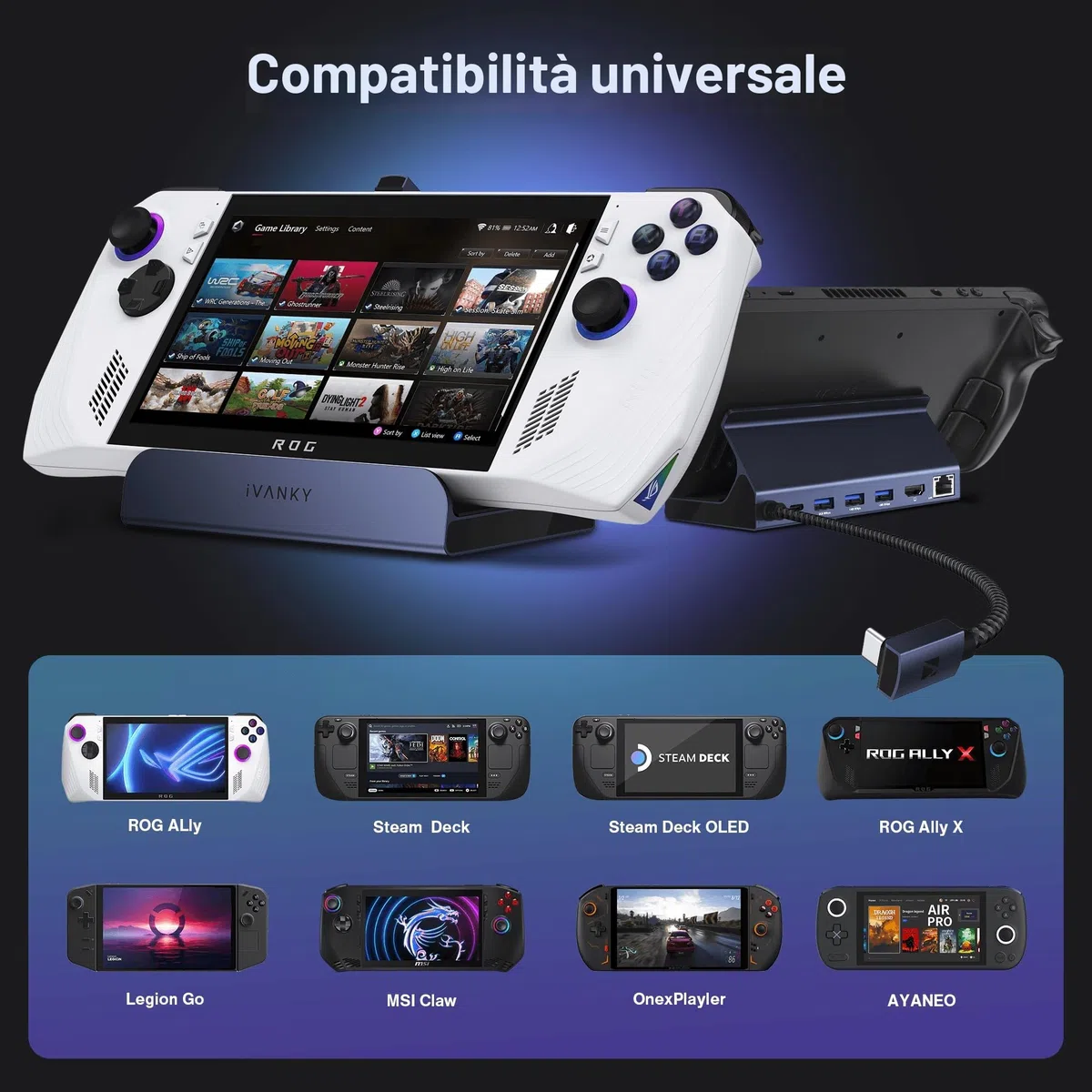 iVANKY 8-in-1 ROG Ally X Dock con HDMI 2.1 4K@144Hz, 3*USB-A 3.0, Carica USB-C da 100W, Ethernet da 1Gbps, Docking Station Compatibile con ASUS ROG Alloy X/Lenovo Legion go/Valve Steam Deck OLED
