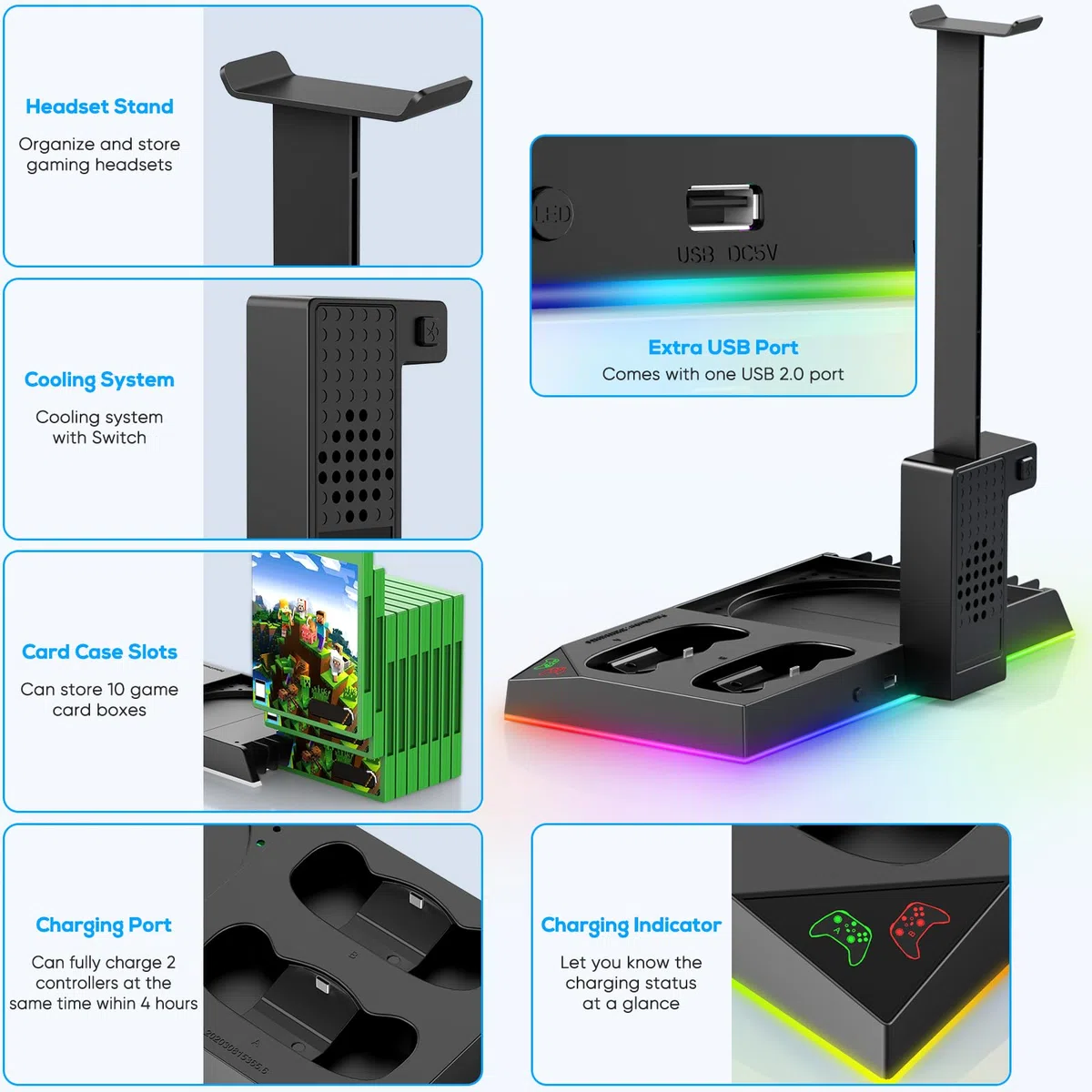 FASTSNAIL Supporto LED RGB per Xbox Series X, controller stazione di ricarica con 2 batterie da 1400 mAh, ventola di raffreddamento e accessori