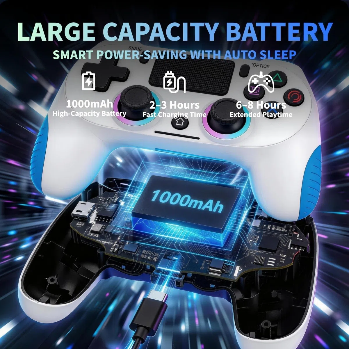 Wireless Controller per PS4 con Vibrazione USB-C Sei-Assi Sensore Giroscopio RGB Jack Audio Pannello Touch per PS4/Slim/Pro/PC