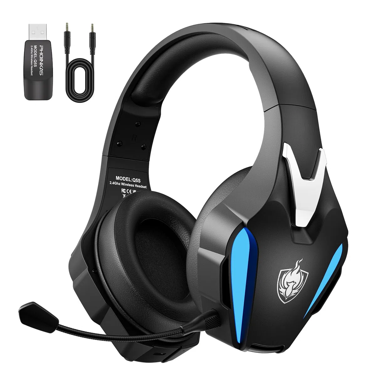 PHOINIKAS Cuffie Gaming Wireless, 2.4GHz Cuffie PS4 Wireless, Dongle USB per PS4/PS5/PC/Switch, Stereo 7.1, Microfono Staccabile con Cancellazione del Rumore, Luci a LED