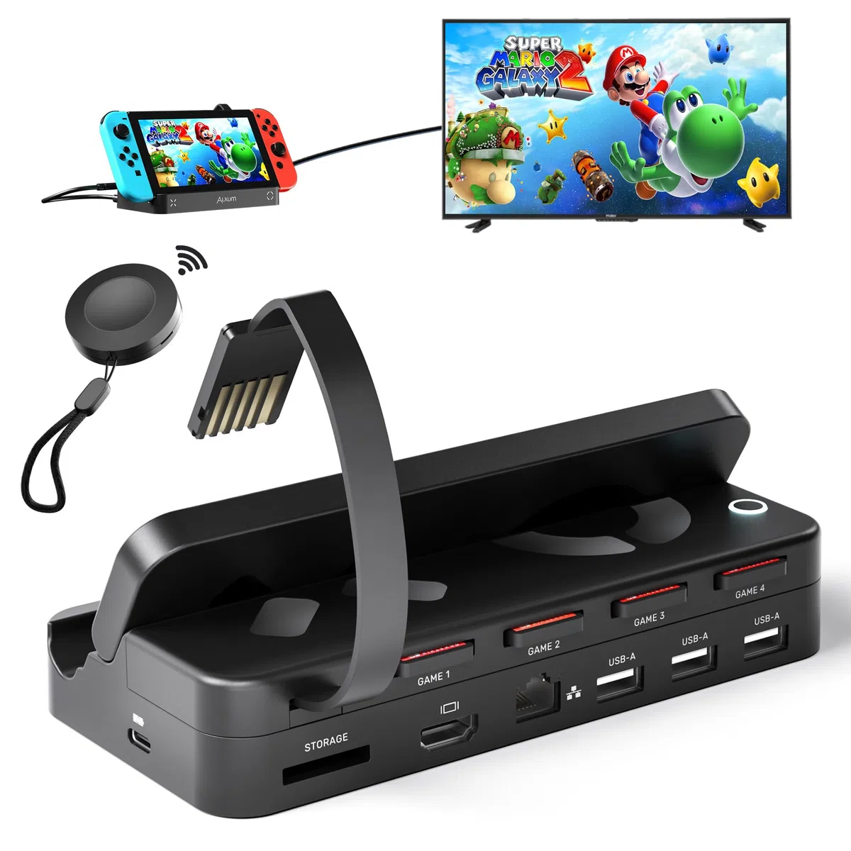 Alxum Switch Docking Station con lettore di schede di gioco in telecomando, docking station portatile per Switch con 3 porte USB A, porta HDMI e porta Ethernet RJ45 compatibile con Switch/Switch OLED