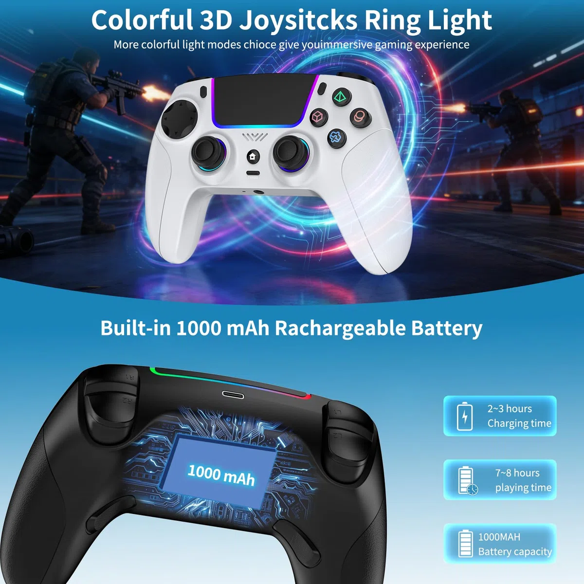 JORREP 2pcs Controller per PS4,wireless Controller joystick compatibile con PS4/PS3/Pro/Steam Deck/PC,con illuminazione RGB, doppia vibrazione, funzione Turbo,sensore di movimento, programmabile