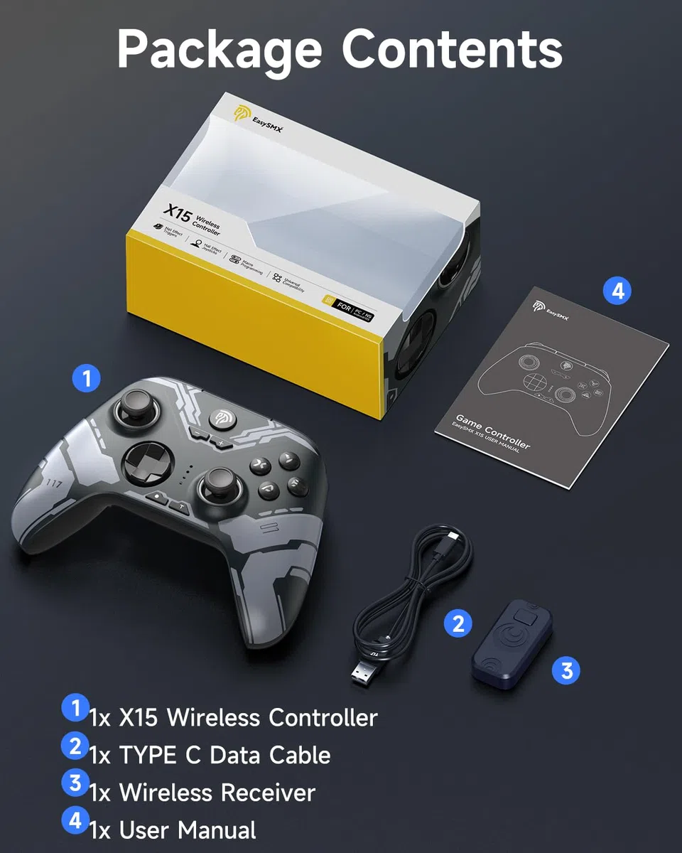 EasySMX X15 Wireless Controller con 7 Luci RGB, Joystick Hall, Trigger Hall, Pulsanti Programmabili per PC/Switch/Telefono/Tablet - Nero