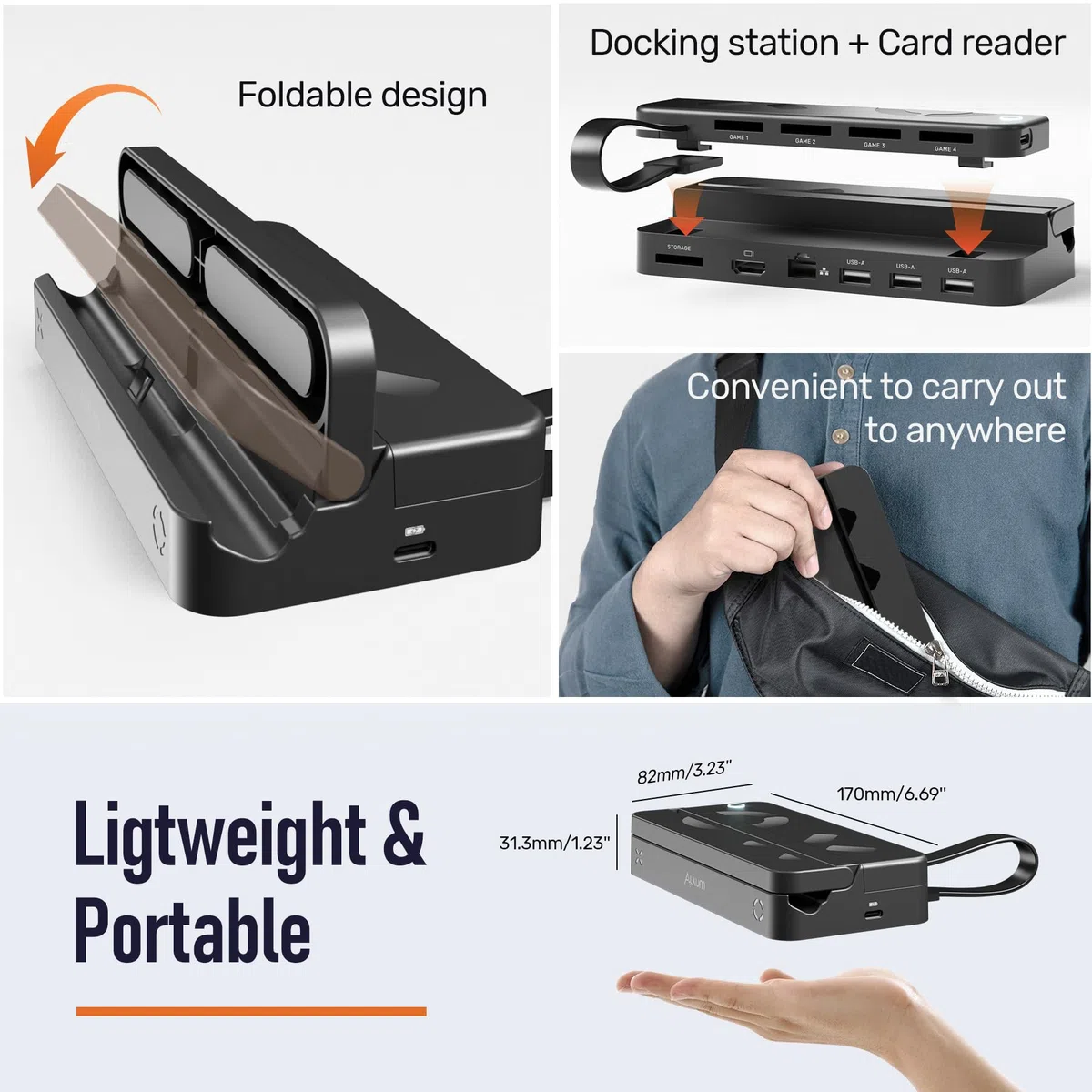 Alxum Switch Docking Station con lettore di schede di gioco in telecomando, docking station portatile per Switch con 3 porte USB A, porta HDMI e porta Ethernet RJ45 compatibile con Switch/Switch OLED