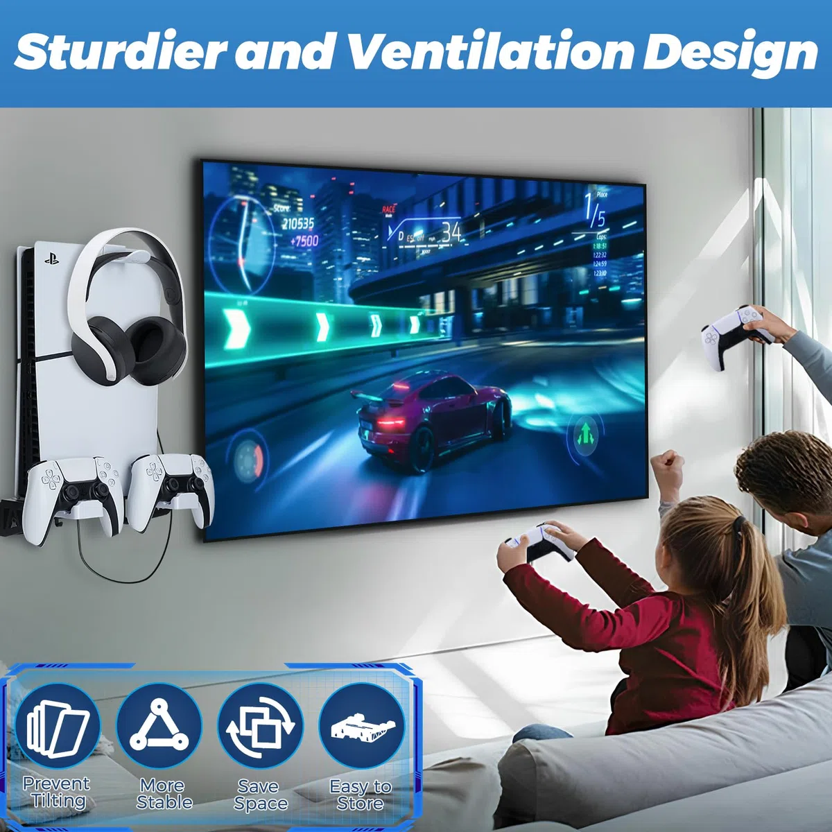 Supporto da Parete per PS5/PS5 Slim con Stazione, PS5/PS5 Slim Supporto Parete con Cavo di Ricarica Supporto per PS5 Muro per Playstation 5/PS5 Slim Digital/Disc Console con Supporto per Cuffia