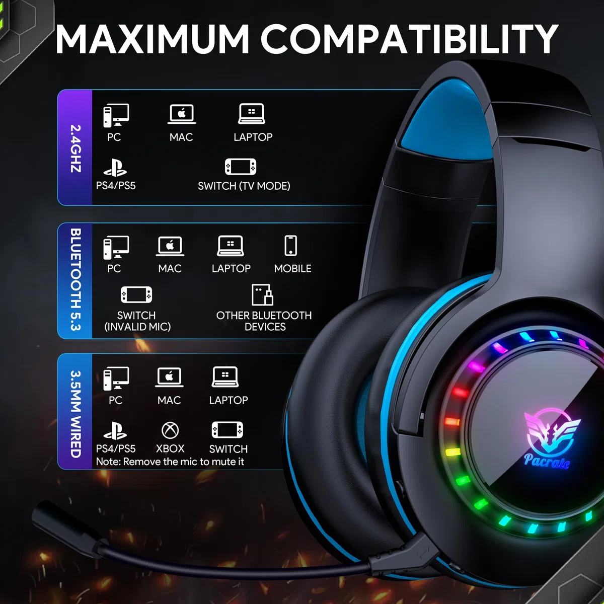 Pacrate 2.4 GHz Cuffie Gaming Wireless per PS5 PS4 PC Mac Switch, Bluetooth con Microfono Cancellazione Rumore, 3.5mm per Xbox
