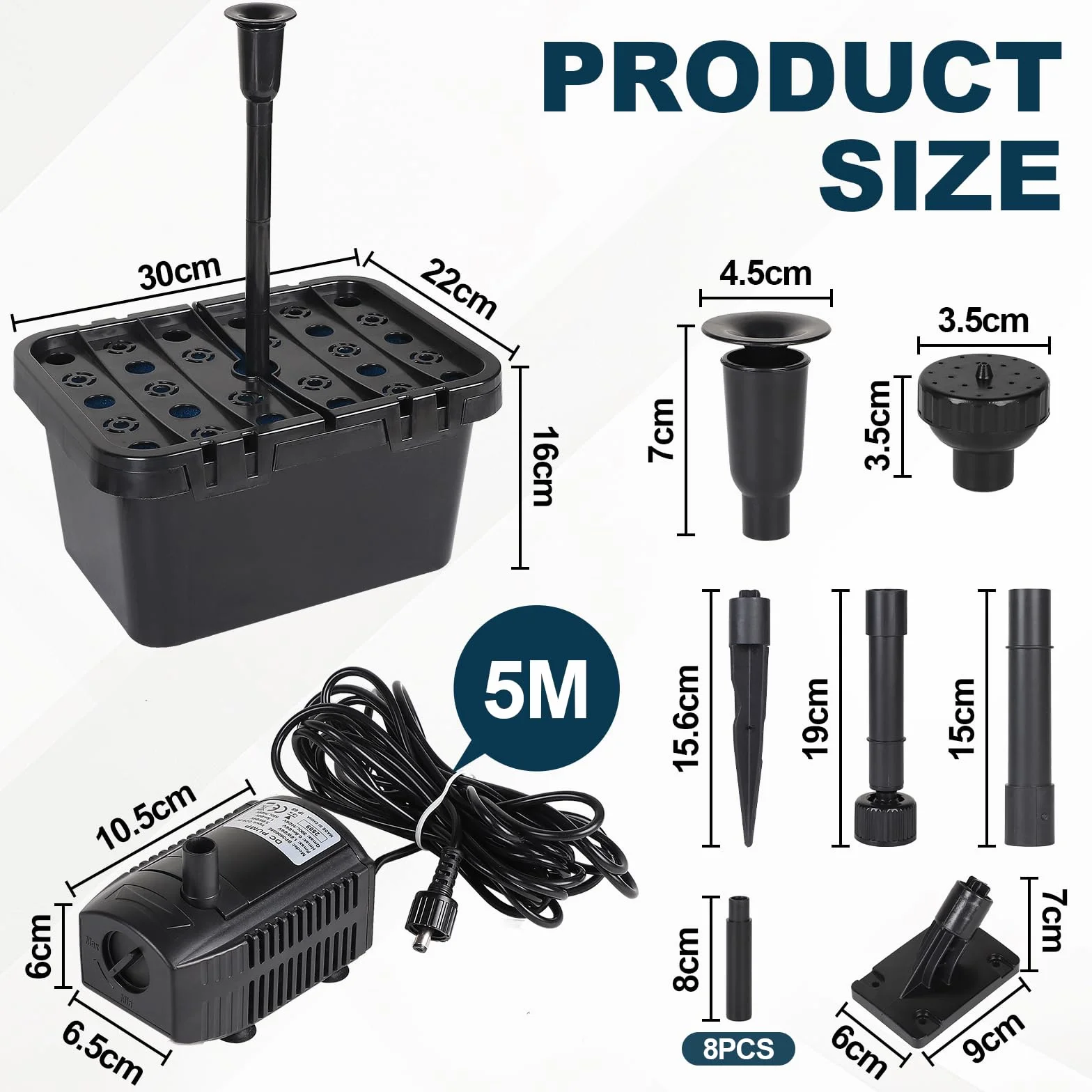 CPROSP Pompa per laghetto solare 390 l/h, pompa per laghetto da esterno con 2 inserti per fontana, modulo solare da 8 Watt, pompa solare, set completo per acqua pulita in laghetto da giardino