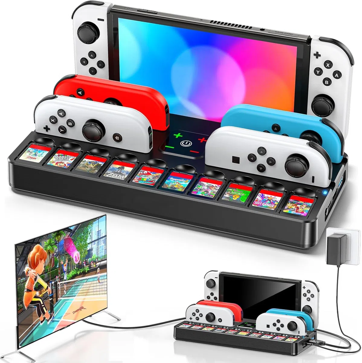 Switch TV Dock con Caricatore per Joycon, Dock per Nintendo Switch/OLED, Base di Ricarica per Joycon Switch con 4K HDMI, Porta USB 3.0 e Organizer per 10 Gioco Switch