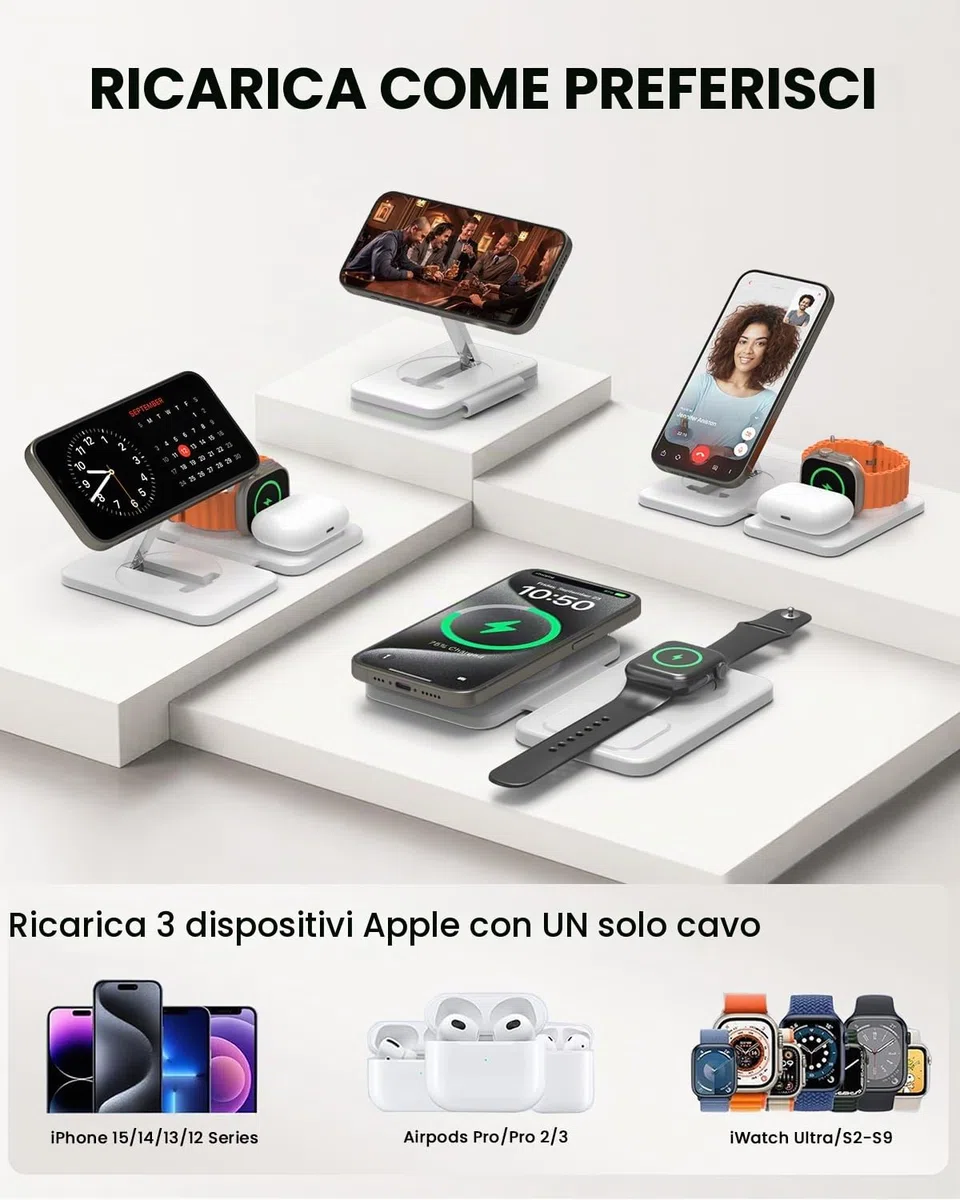 GEEKERA Caricatore con Magsafe, 3 in 1 Stazione di Ricarica per Apple Watch e iPhone Air/17/16/15/14/13/12, Caricatore Wireless per iWatch 2-Ultra 3, Base Caricabatterie per AirPods 2-Pro 3, bianca