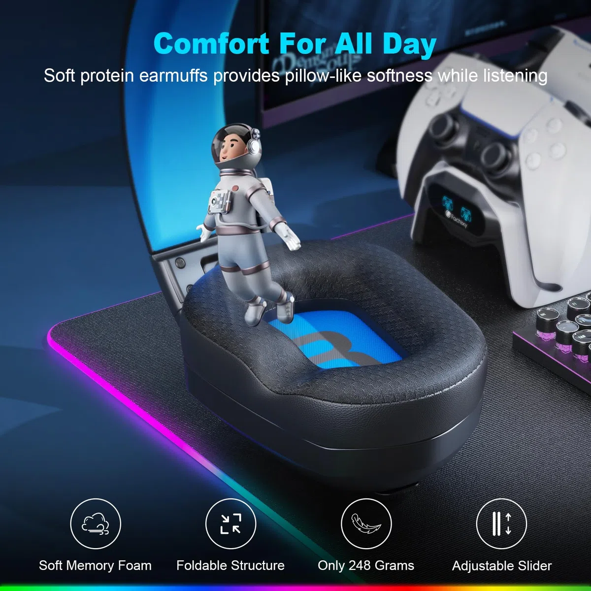 Fachixy FC300 Cuffie Gaming Wireless Per PC, PS5, PS4, Mac - 2,4 GHz e Bluetooth senza perdite - 50 ore di batteria, driver da 50 mm, luci RGB, audio spaziale, Blu
