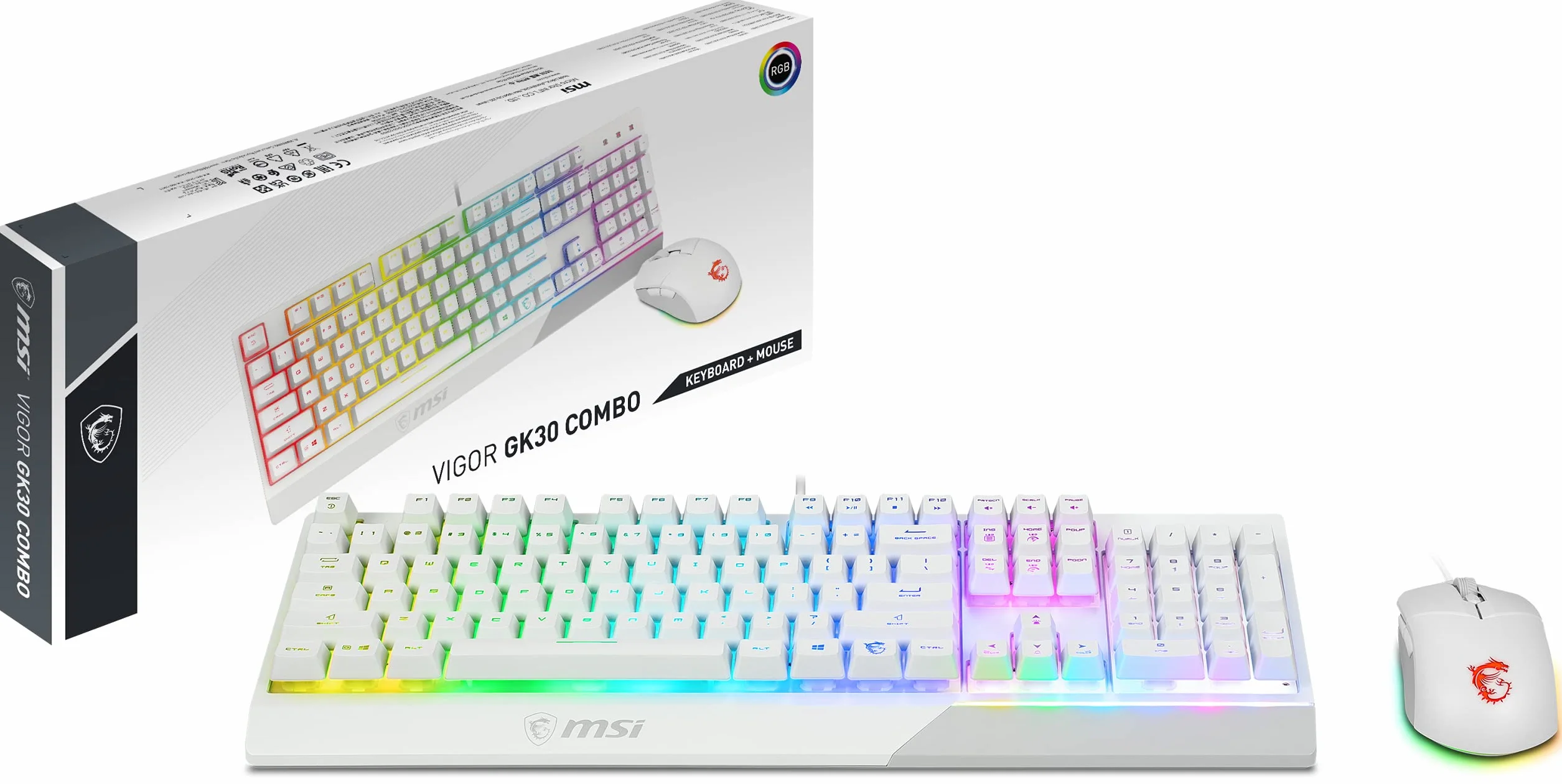 msi Vigor GK30 COMBO, QWERTY, IT Layout - Tastiera Gaming Semi Meccanica + Mouse Gaming Clutch GM11, RGB Mystic Light, hotkey multimediali, idrorepellente, ideale anche per Ufficio, Bianco