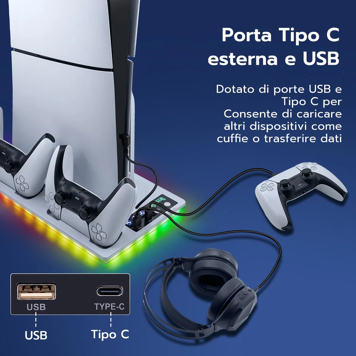Verticale Supporto con Raffreddamento e Ricarica per PS5/PS5 Pro/PS5 Slim, Ventola 3 Livelli RGB
