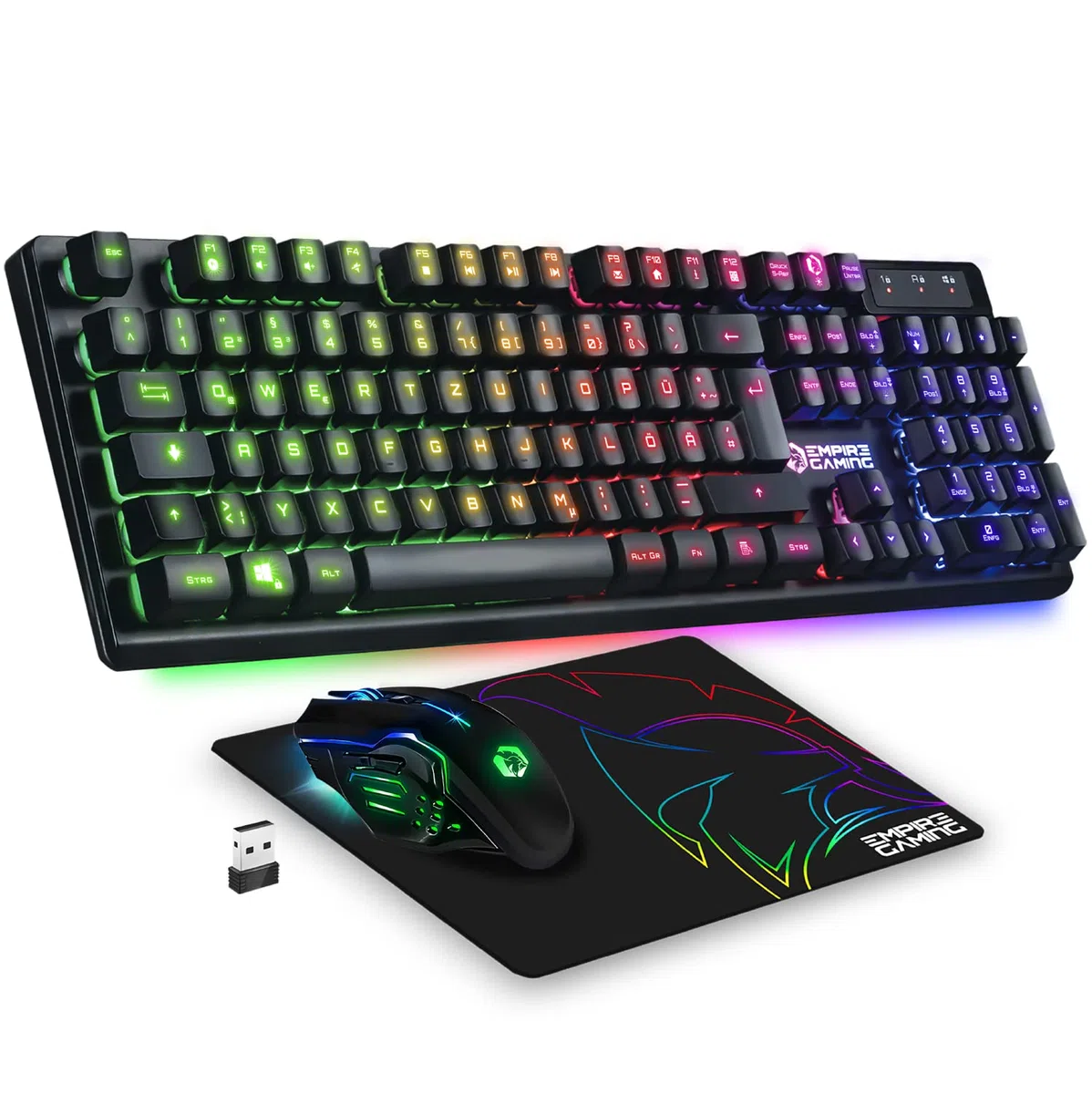 Empire Gaming - Armor RF800 Wireless Gaming Tastatur und Maus QWERTZ (Deutsche Layout) - Kabellose Tastatur 2,4 G RGB - Ergonomische Kabellose Maus 4800 DPI mit Mauspad - PC PS4 PS5 Xbox One/Serie Mac