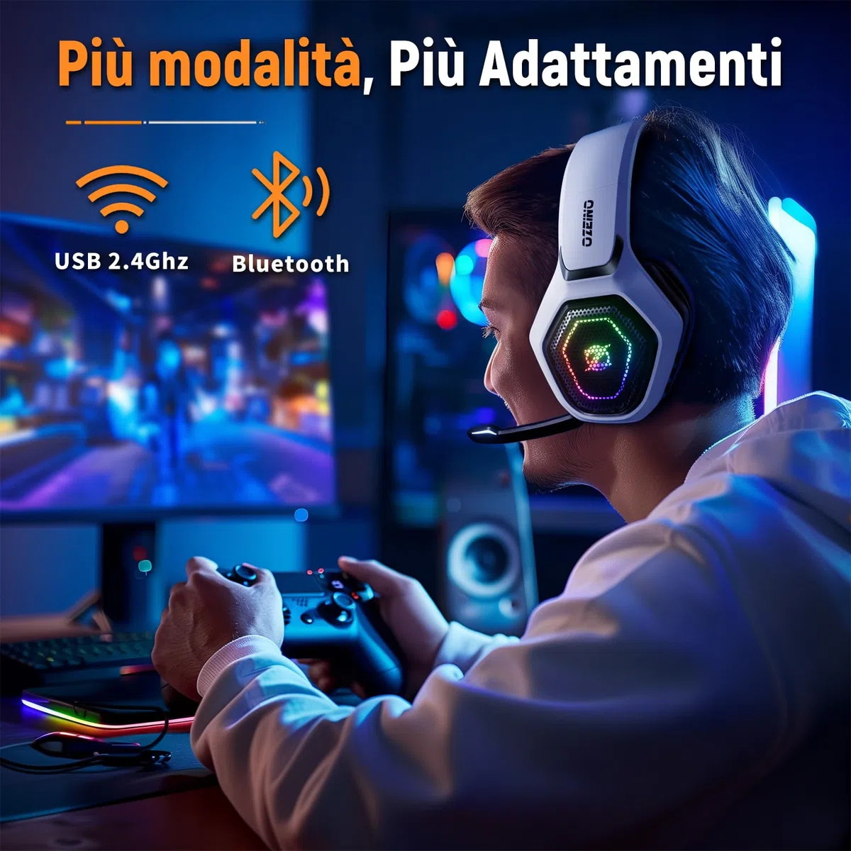 Cuffie Gaming Wireless Ozeino 2,4GHz+Bluetooth 5.3 per PC/PS5/PS4, Microfono 7.1, Bassa Latenza, 30+ Ore