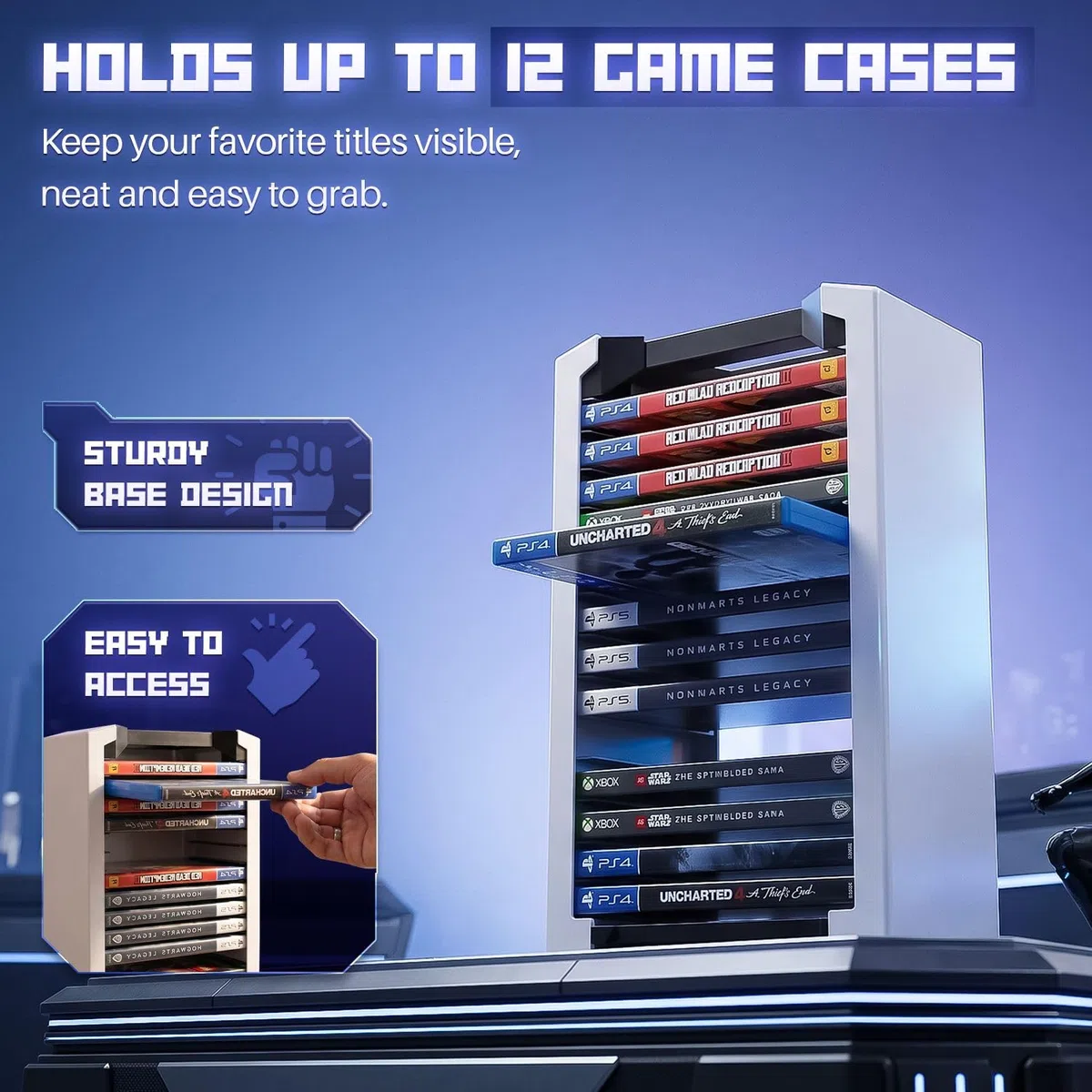 TNP Torre di archiviazione videogiochi custodia 12 CD Blu-ray supporto DVD scaffale verticale organizer PS5 Playstation 4 Nintendo Switch Xbox