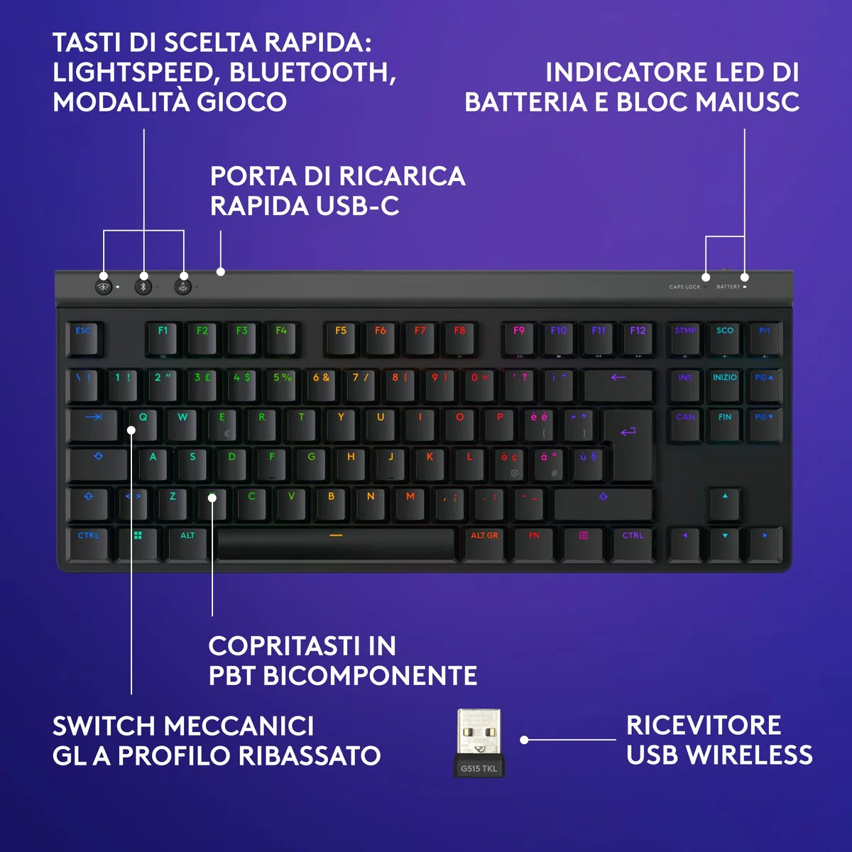 Logitech G G515 LIGHTSPEED TKL Tastiera gaming wireless, LIGHTSYNC RGB, switch meccanici Tactile, PBT, ITA QWERTY, Nero
