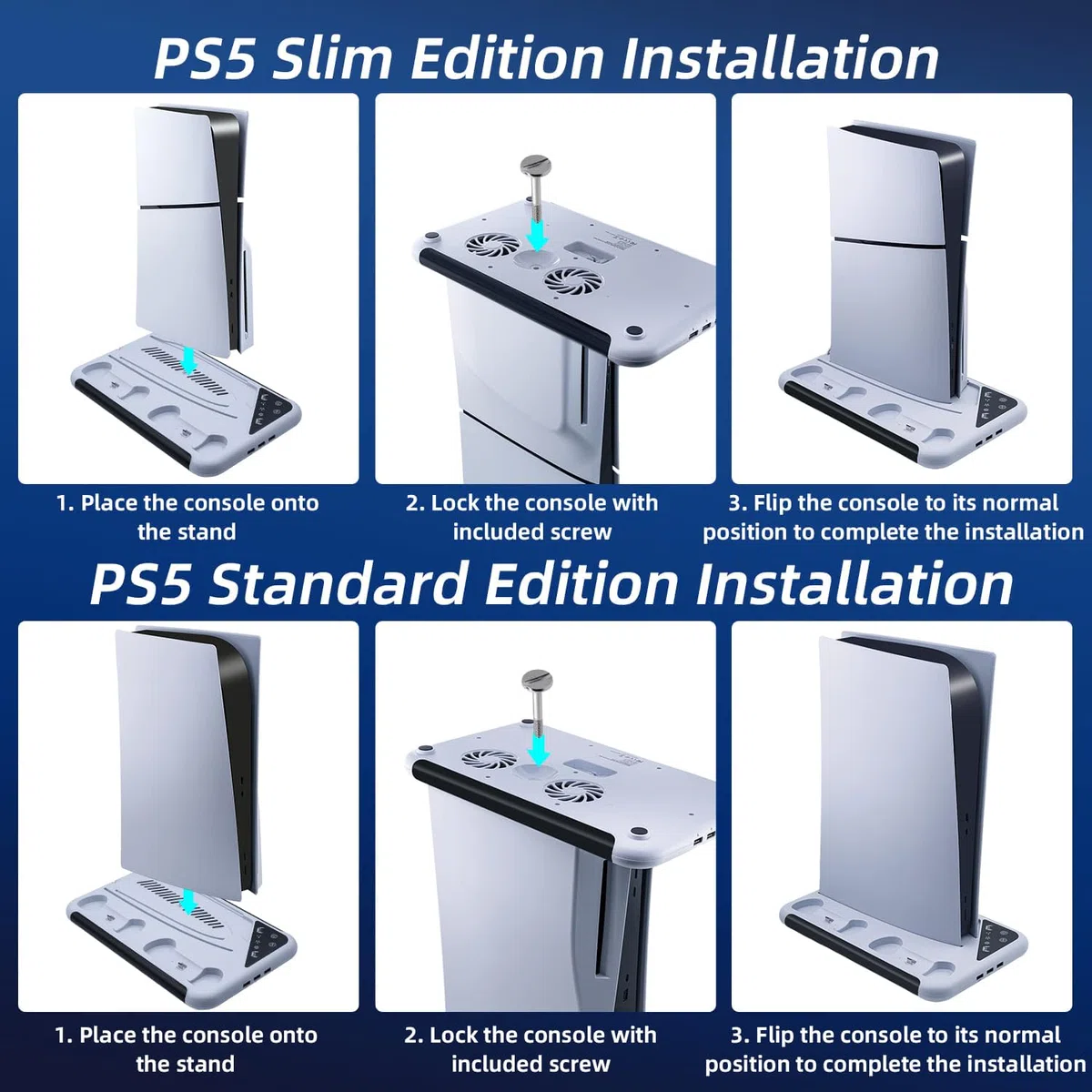 Supporto con ventola per console PS5 Slim/PS5, stazione di ricarica per DualSense/Edge Controller con 9 luci RGB, supporto per cuffie e 3 hub USB per PS5 UHD e Digital-Bianco