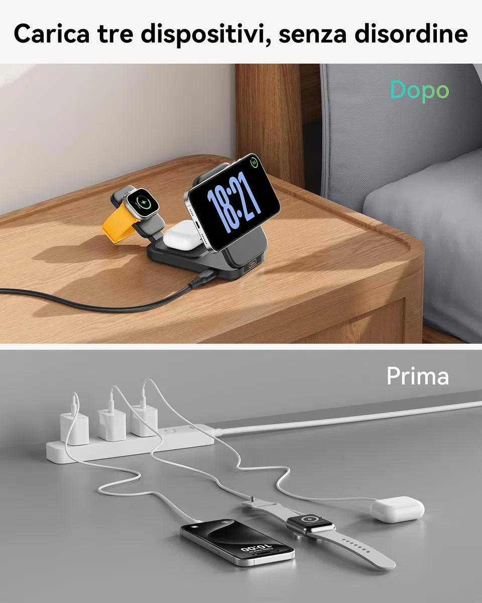 INIU Caricatore Wireless 3 in 1, 15W Certificato Qi2 Stazione di Ricarica Magnetica Pieghevole da Viaggio, Caricabatterie con MagSafe per iPhone 17/16/15/14/13/12 Serie, Apple Watch, AirPods Pro/4/3/2