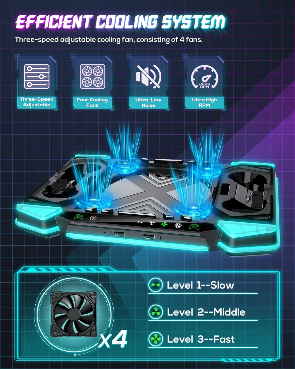 Stazione di Caricamento e Ventola di Raffreddamento per Xbox Series X con 11 Illuminazione RGB, 2x1400 mAh Batterie Ricaricabili e Supporto