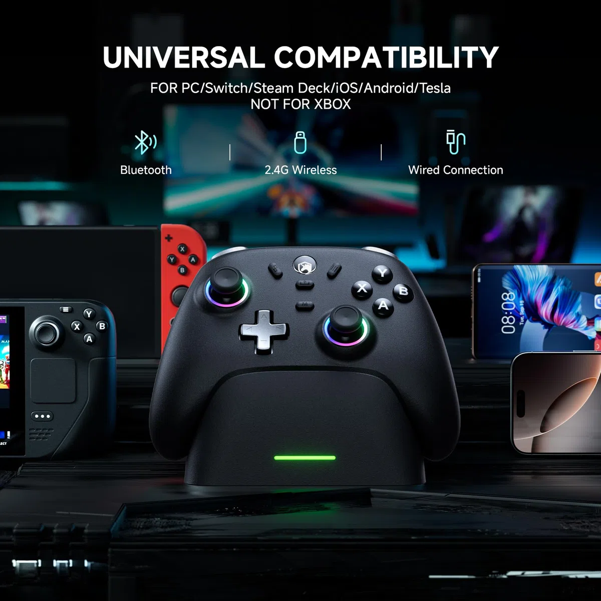 Controller Gaming per PC/Switch con Base di Ricarica, 1000Hz, Hall Joystick, 2.4GHz/BT/Cavo, 800mAh
