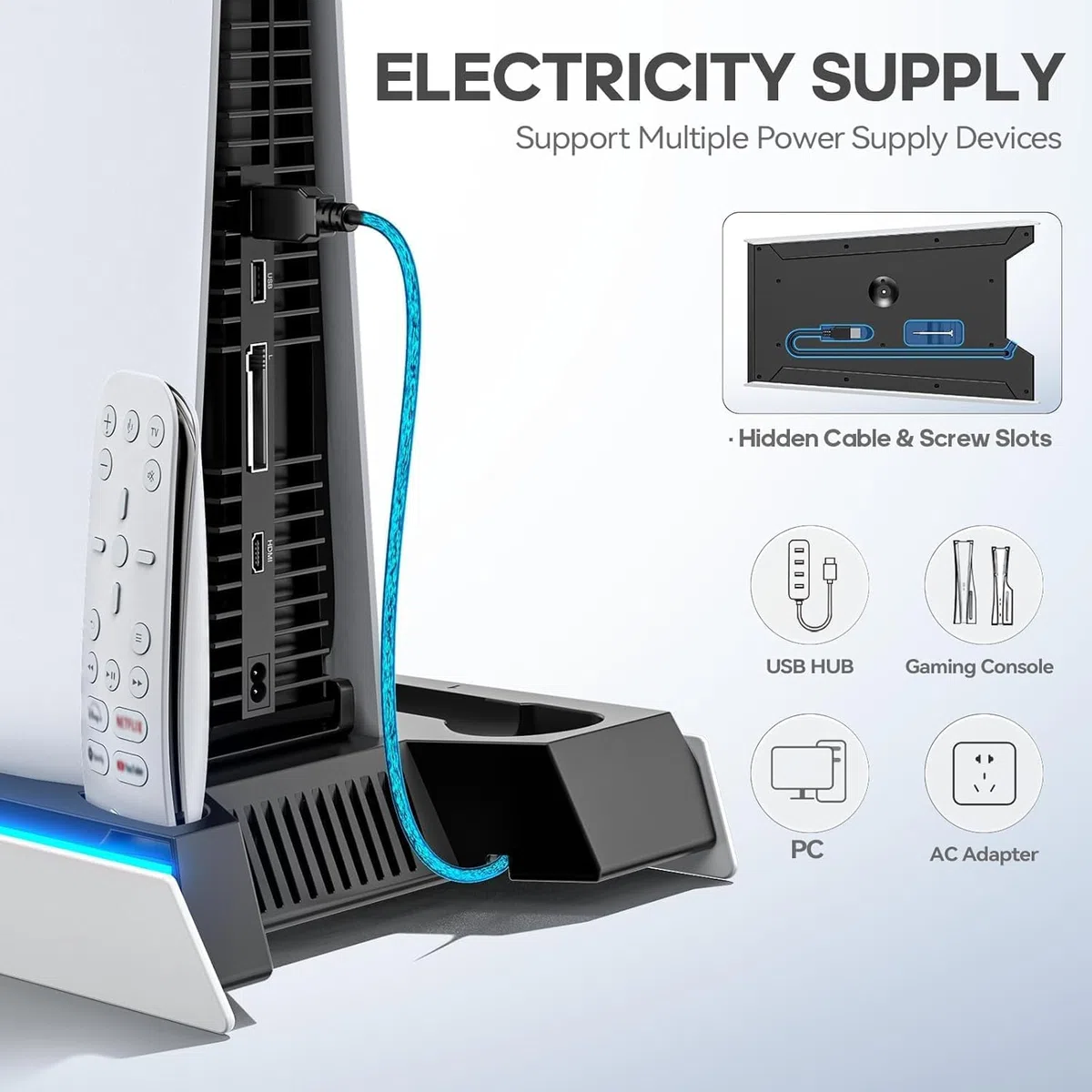 Tokluck Supporto per PS5 e Raffreddamento per PS5/PS5 Slim/PS5 PRO, Ricarica per P5 & Edge Controller, Ventola P5 a 3 velocità con 3 USB HUB