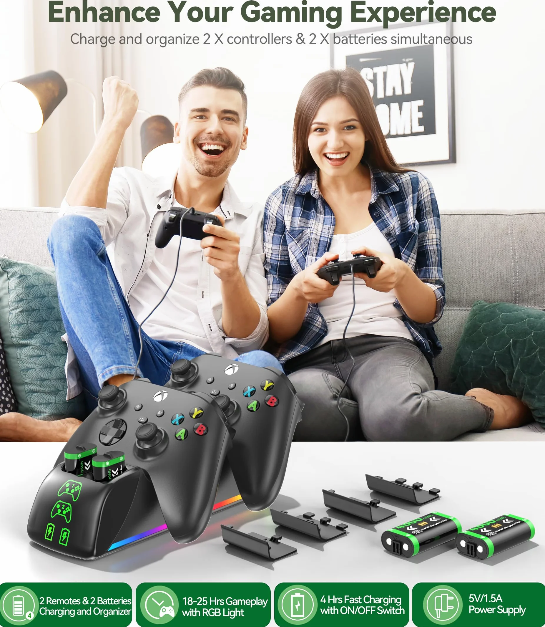 Stazione di Ricarica per Controller Xbox con 4x5520mWh Batterie per Series/One X|S, Caricatore RGB
