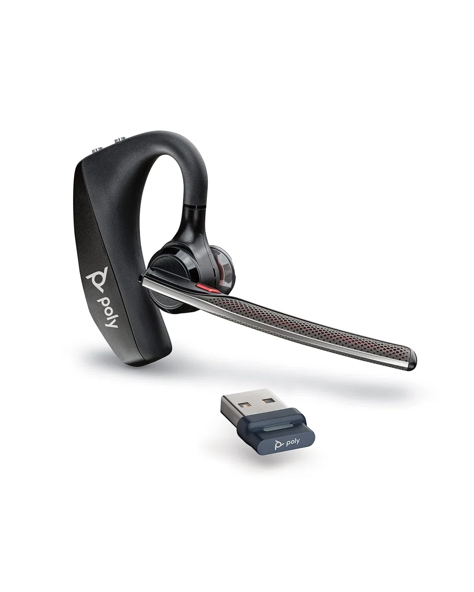 Poly Voyager 5200, Auricolare Senza Filo, Connessione Bluetooth 5.0 e USB-A, Comandi sul Dispositivo, Imbottitura in Similpelle, Autonomia 7 Ore, Base di Ricarica, Compatibile con Windows e mac, Nero
