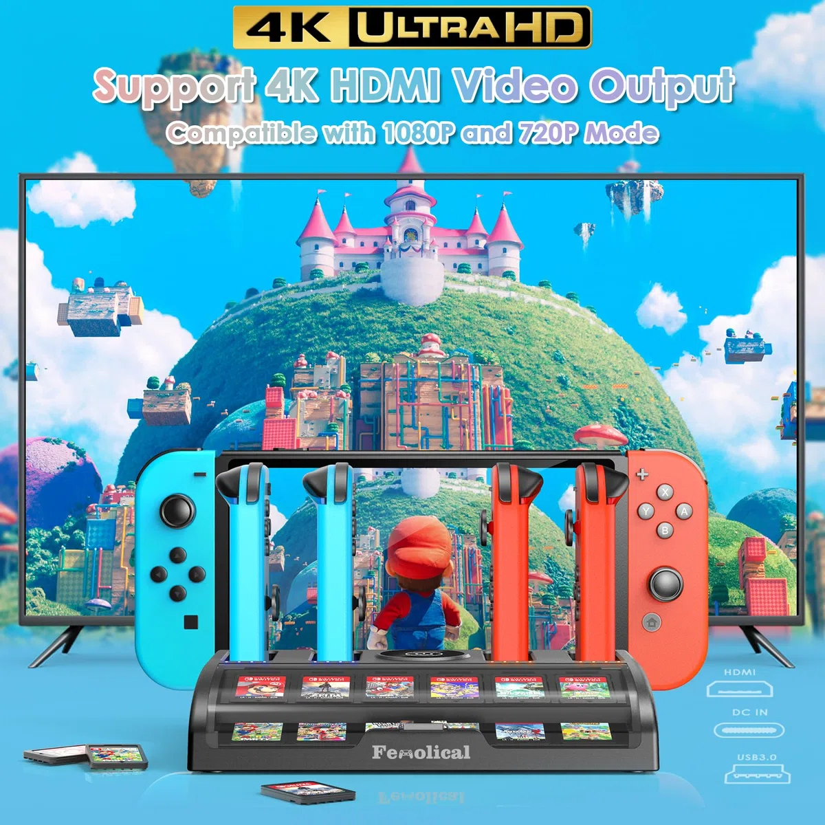 Fenolical Switch TV Dock Station compatibile con Nintendo, stazione di ricarica HDMI 4K/1080P con 12 posti di gioco