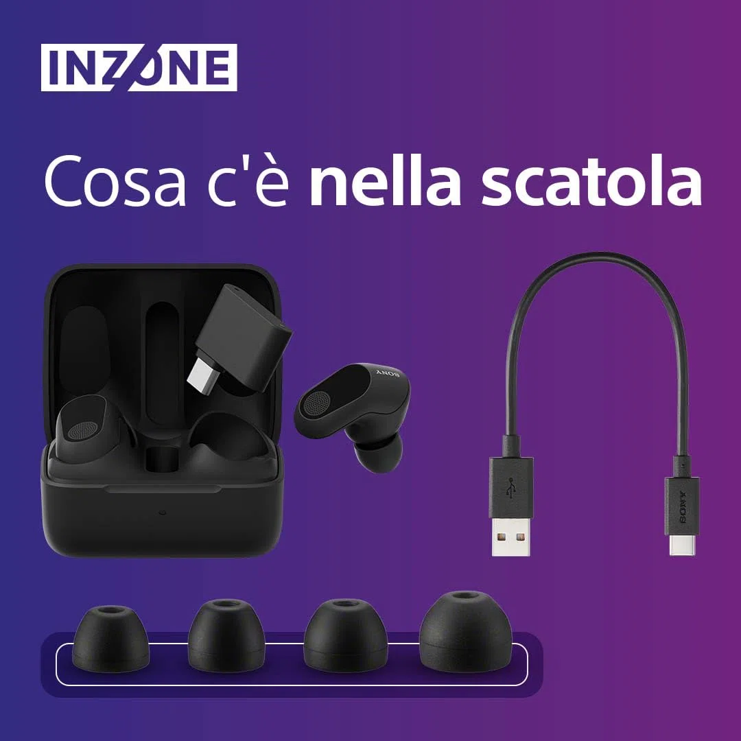 Sony Inzone Buds Auricolari da Gioco True Wireless Noise Cancelling Microfono AI Batteria 24 Ore Dongle Bassa Latenza Nero