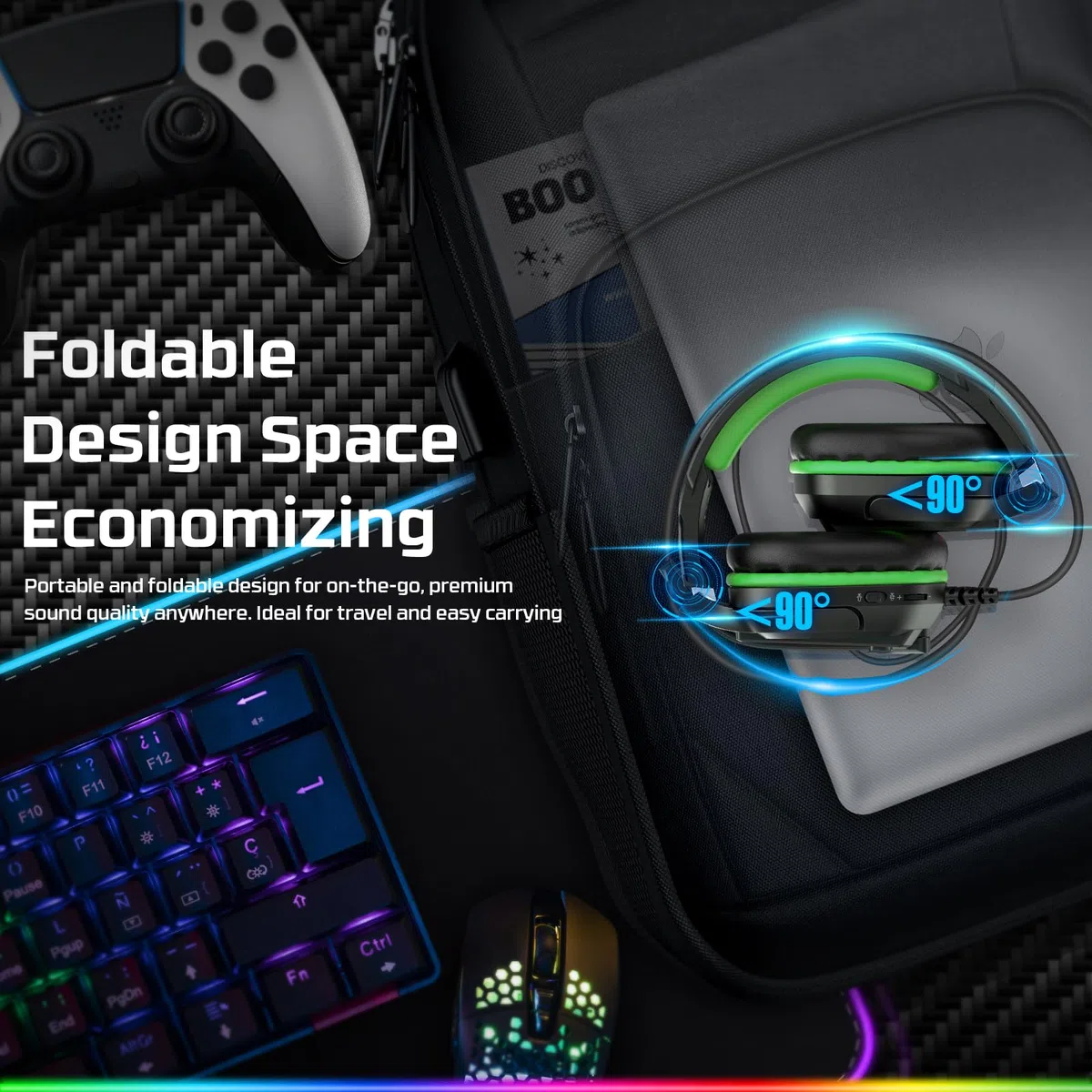 Fachixy FC-200 Cuffie da gioco pieghevoli con microfono ENC, 3,5 mm, RGB Nero Verde