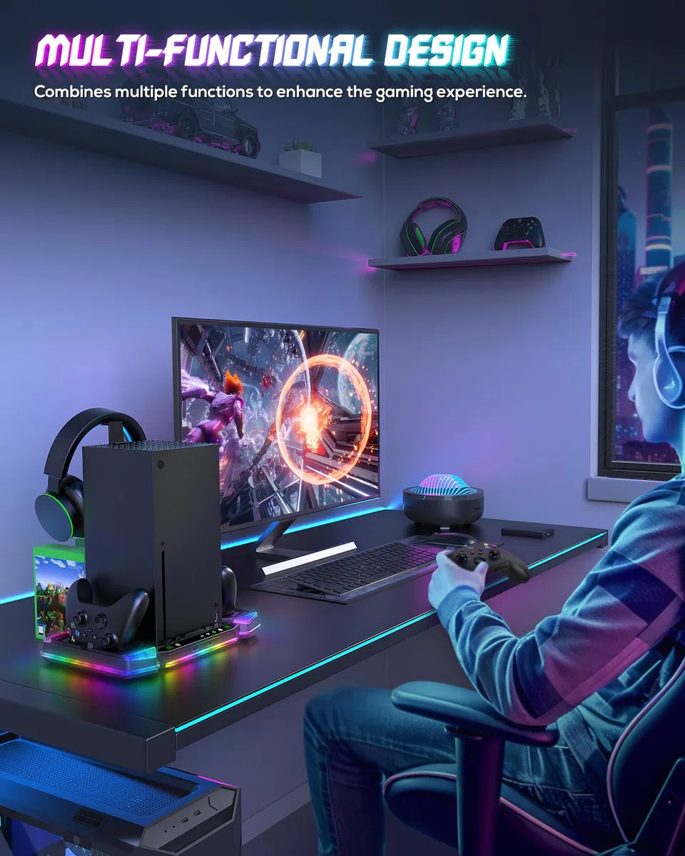 Stazione di Caricamento e Ventola di Raffreddamento per Xbox Series X con 11 Illuminazione RGB, 2x1400 mAh Batterie Ricaricabili e Supporto