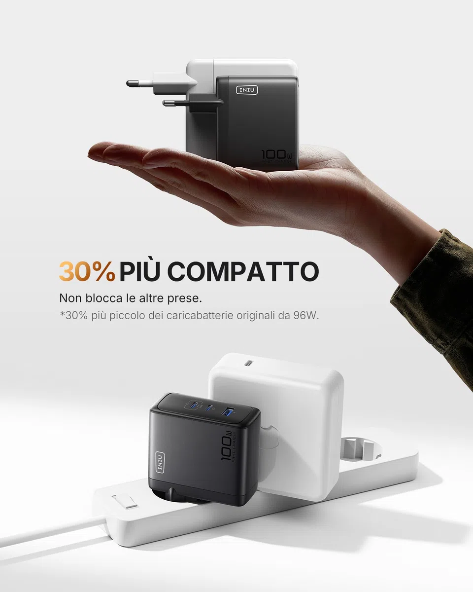 INIU 100W USB C Caricatore GaN Multiplo Presa Caricabatterie Alimentatore Rapido Compatto con Cavo per MacBook Pro Air iPad iPhone 17 16 15 Pro Max Samsung S25 S24 Ultra Switch 2 Xiaomi 15