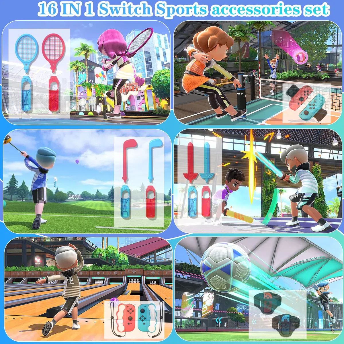 OLDZHU Set di accessori sportivi 16 in 1 con organizer compatibile con Nintendo Switch & console OLED, 2024, per feste in famiglia, set di accessori per gioco