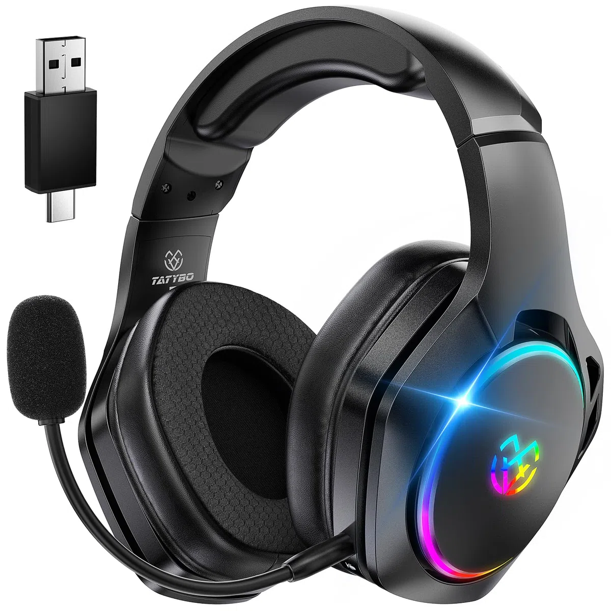 Tatybo Cuffie Gaming Wireless per PC/PS5/PS4, 2,4 GHz+Bluetooth 5.4 Dual Mode, Suono Surround 7.1, Durata 40 Ore