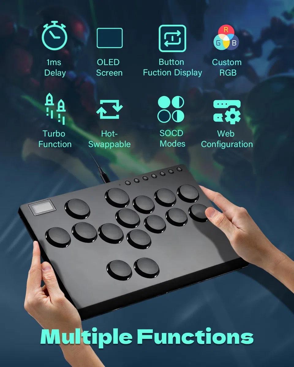 JZW-Shop Arcade Stick, Controller Arcade a 16 pulsanti per Switch, PC, PS4, PS3, Steam Deck, Joystick Arcade Fighting Stick con Turbo e RGB personalizzato, Hot Swap e Supporto SOCD (M16-EU)