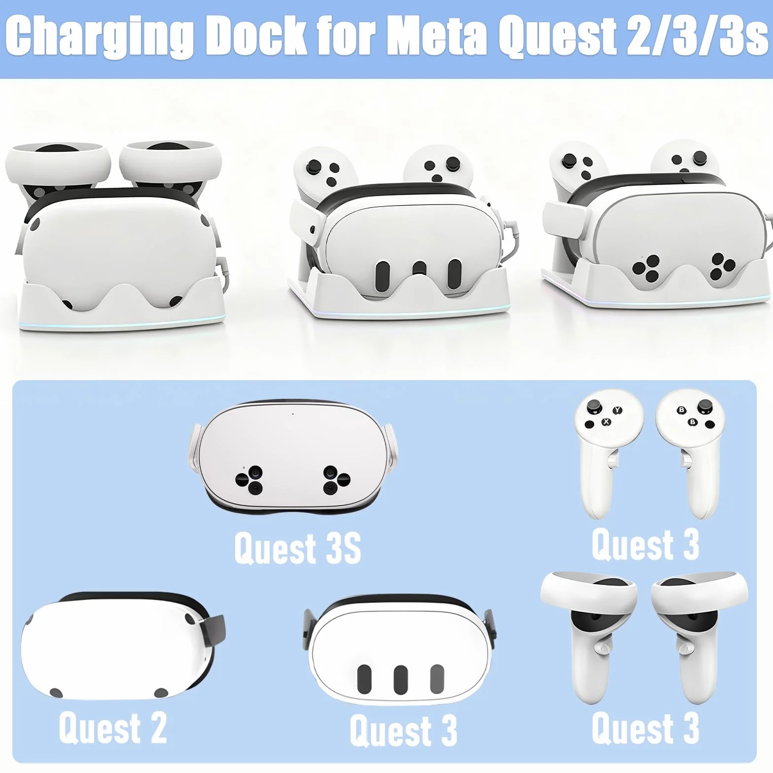 Stazione di Ricarica Compatibile con Meta Quest 2/3/3S, Dock di Ricarica Rapida per Quest 3 con Luci RGB, Caricatore per Cuffie VR, Accessori VR
