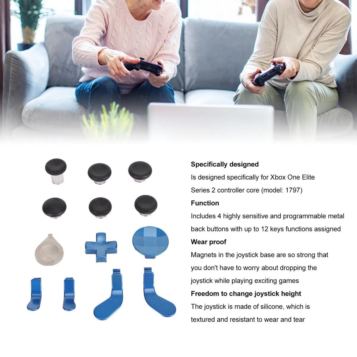 Focket Manopole in Metallo per Controller One Elite Series 2, Kit di 13 Pulsanti magnetici sostitutivi in 1. Include Joystick in Metallo a 6 Posizioni, 4 Paddle e 2 D-Pad (Blu)