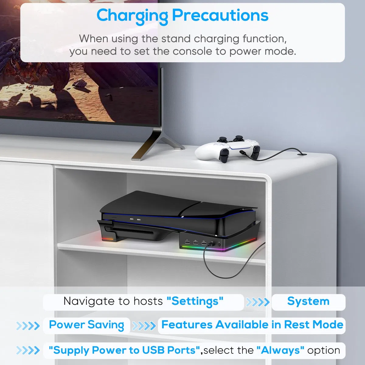 FYOUNG Supporto orizzontale aggiornato per PS5 Slim Digital & Disc Edition con 14 luci RGB, base antiscivolo accessori con 4 porte USB - Solo per Playstation 5 Slim 2023 (nero), P5S2B