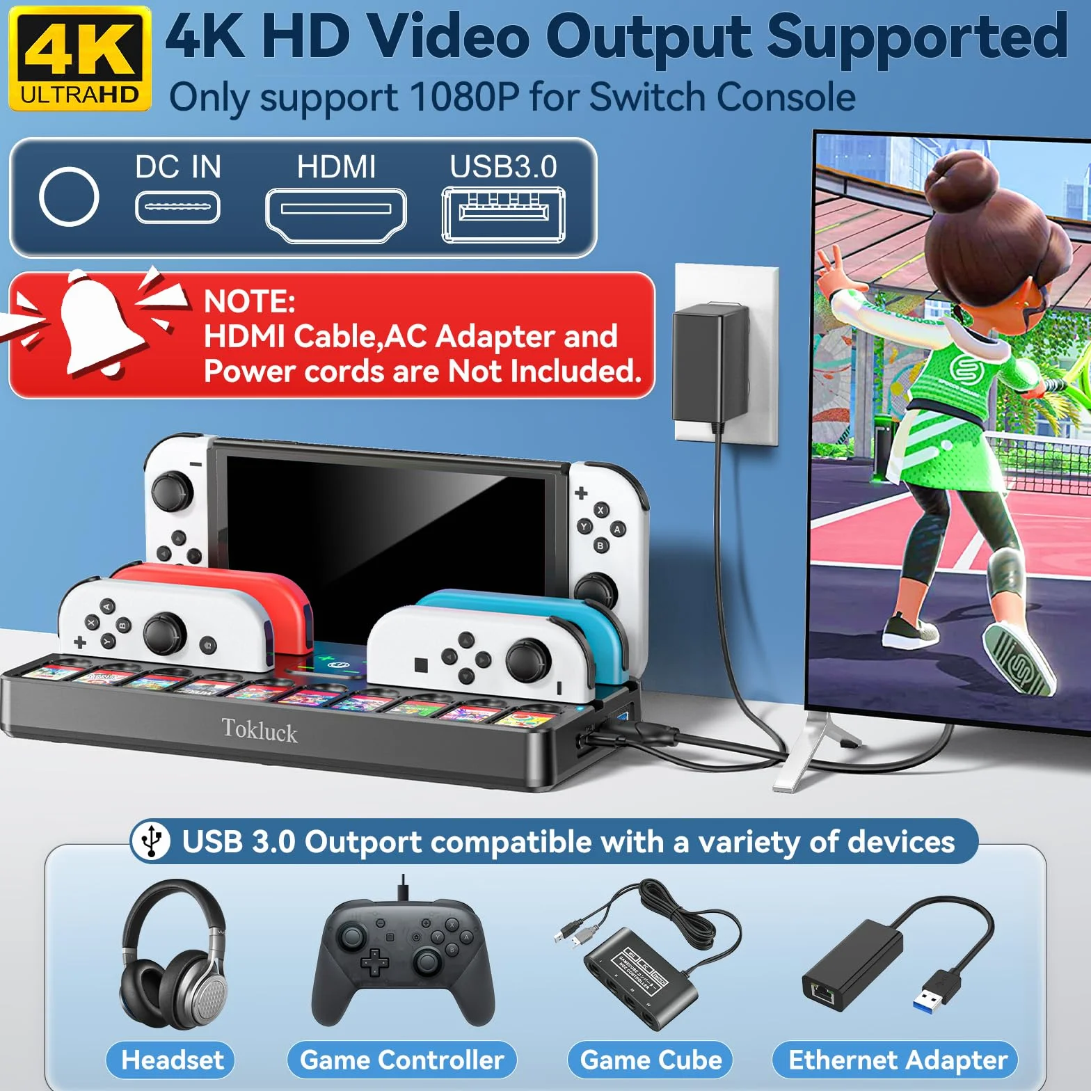 Switch TV Dock con Caricatore per Joycon, Dock per Nintendo Switch/OLED, Base di Ricarica per Joycon Switch con 4K HDMI, Porta USB 3.0 e Organizer per 10 Gioco Switch