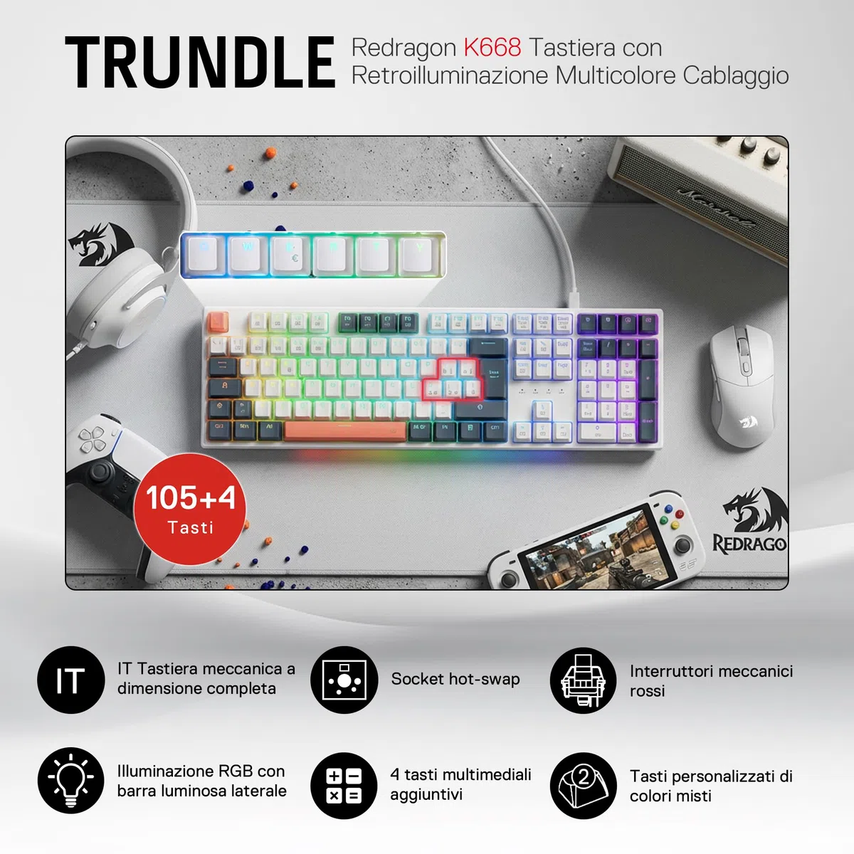 Redragon K668 RGB Tastiera Gaming Meccanica Cablate 109 Tasti Hot-Swappable Interruttori Rossi QWERTY Italiano