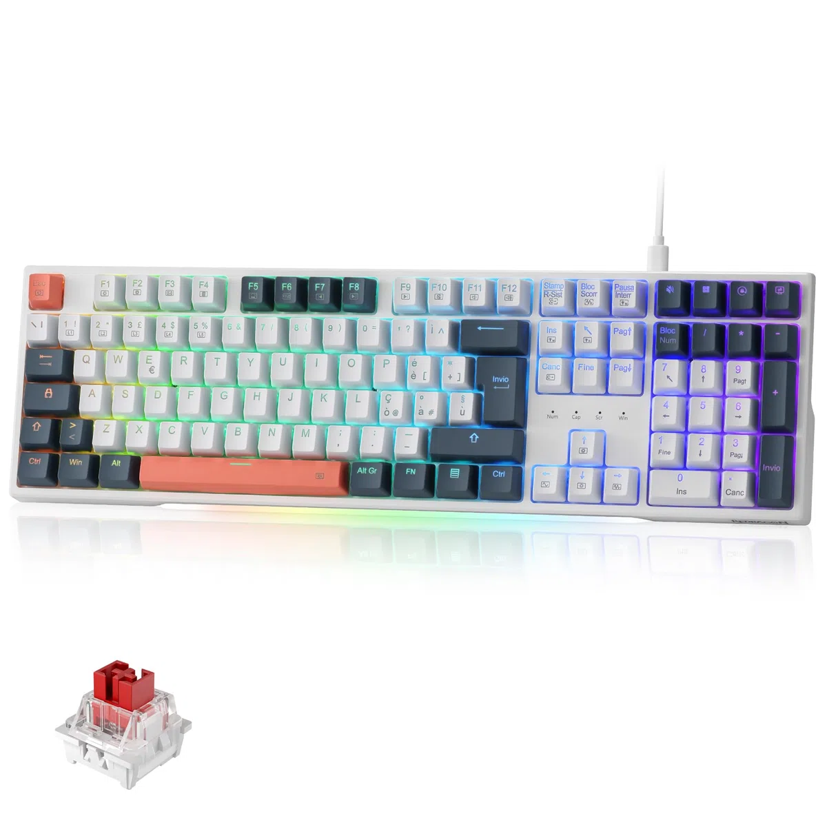 Redragon K668 RGB Tastiera Gaming Meccanica Cablate 109 Tasti Hot-Swappable Interruttori Rossi QWERTY Italiano