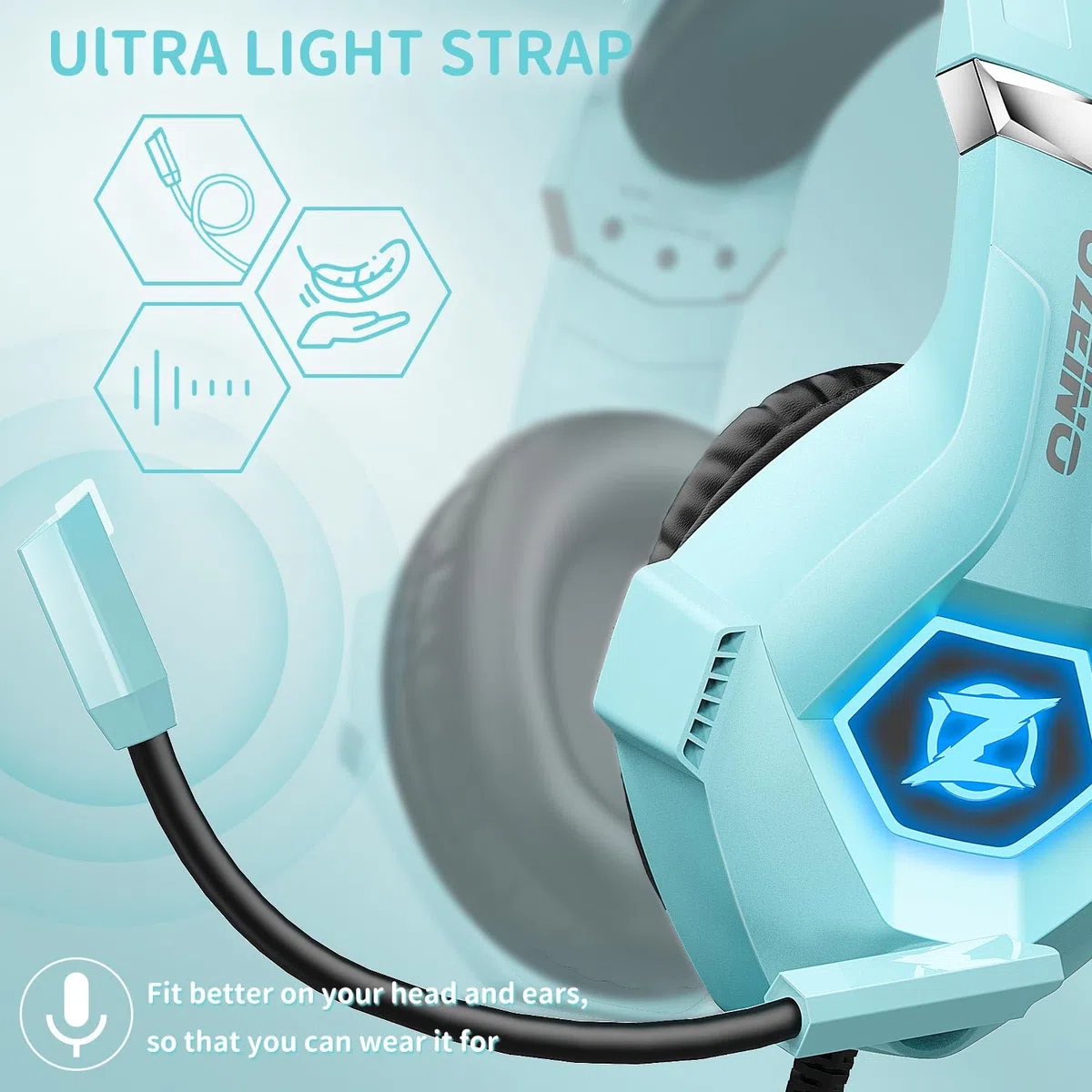 Cuffie da gaming Ozeino con microfono suono stereo illuminazione RGB per PS5 PS4 Xbox One PC Switch celeste