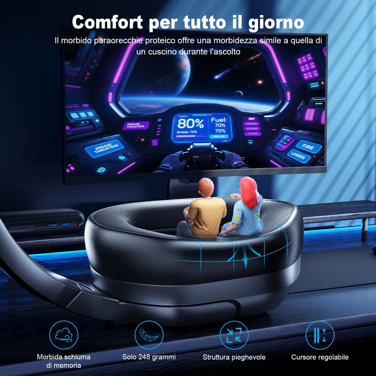 Fachixy FC200 Cuffie Gaming Wireless 2.4GHz per PS5 PS4 PC Switch Mac Mobile Stereo Bluetooth Over Ear LED 50 Ore